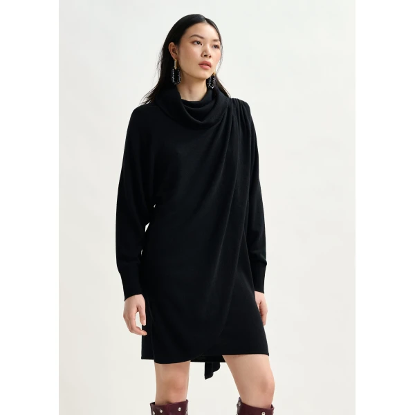Essentiel Antwerp Black draped wool-blend asymmetrical knit dress - Essentiel Antwerp Dresses - Colorful Belgian Design - Shop at Luxury Shoes 