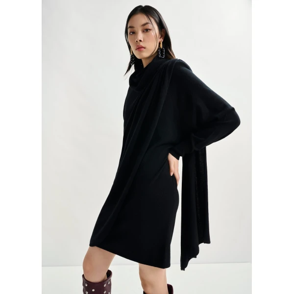 Essentiel Antwerp Black draped wool-blend asymmetrical knit dress - Essentiel Antwerp Dresses - Colorful Belgian Design - Shop at Luxury Shoes 