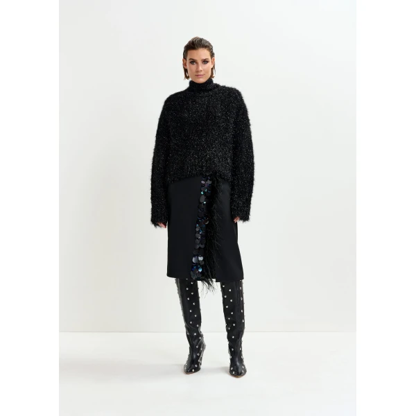Essentiel Antwerp Black embellished feather-trimmed midi skirt, view 2