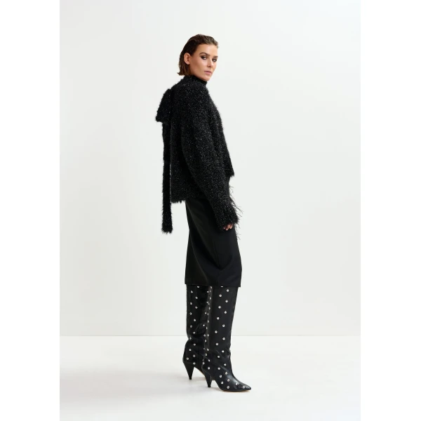 Essentiel Antwerp Black embellished feather-trimmed midi skirt, view 3