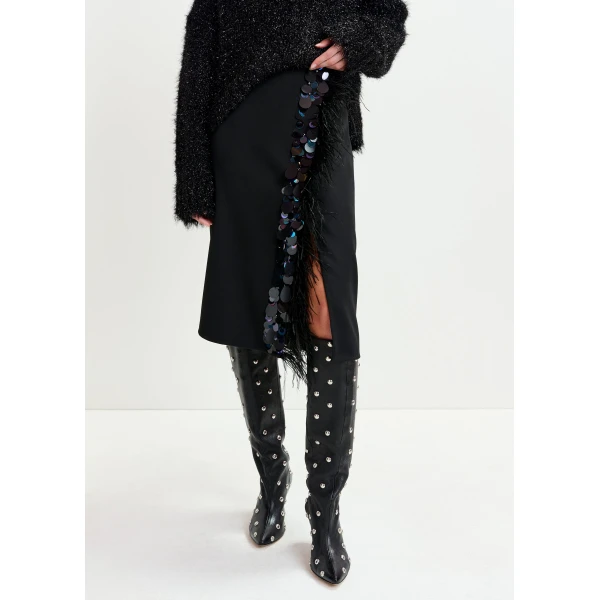 Essentiel Antwerp Black embellished feather-trimmed midi skirt, view 4