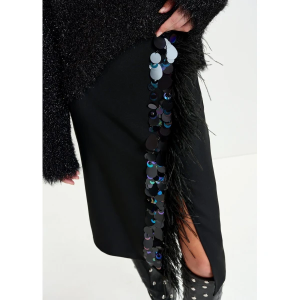 Essentiel Antwerp Black embellished feather-trimmed midi skirt, view 5