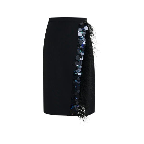 Essentiel Antwerp Black embellished feather-trimmed midi skirt - Essentiel Antwerp Skirts - Colorful Belgian Design - Shop at Luxury Shoes 