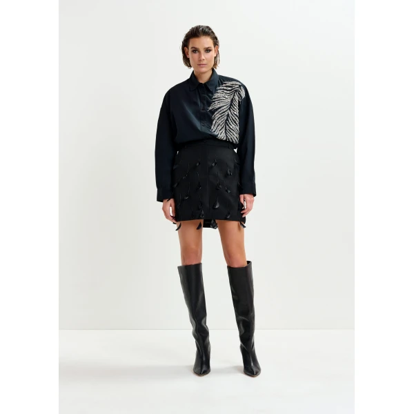 Essentiel Antwerp Black feather-embellished A-line mini skirt - Essentiel Antwerp Skirts - Colorful Belgian Design - Shop at Luxury Shoes 