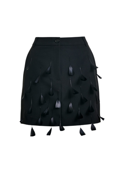 Essentiel Antwerp Black feather-embellished A-line mini skirt - Essentiel Antwerp Skirts - Colorful Belgian Design - Shop at Luxury Shoes 