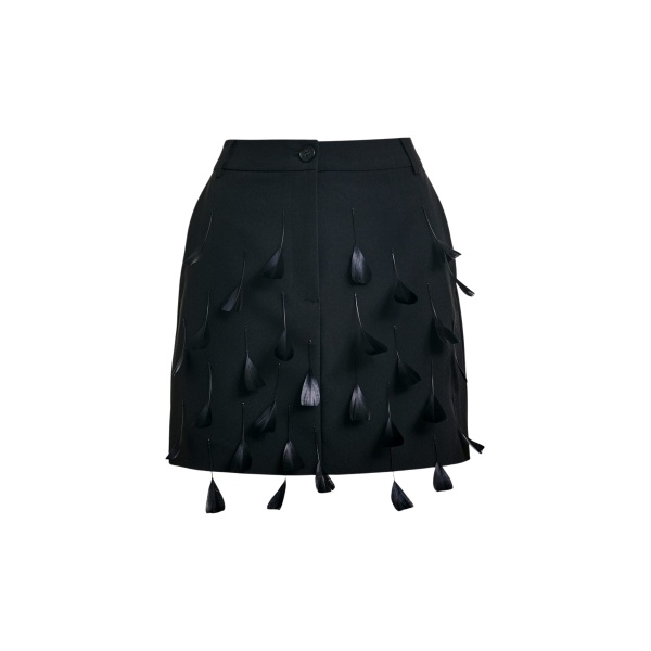 Essentiel Antwerp Black feather-embellished A-line mini skirt - Essentiel Antwerp Skirts - Colorful Belgian Design - Shop at Luxury Shoes 