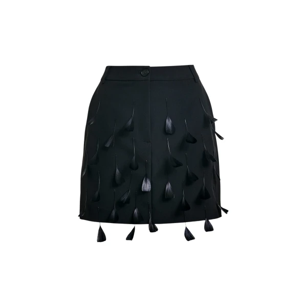 Essentiel Antwerp Black feather-embellished A-line mini skirt - Essentiel Antwerp Skirts - Colorful Belgian Design - Shop at Luxury Shoes 