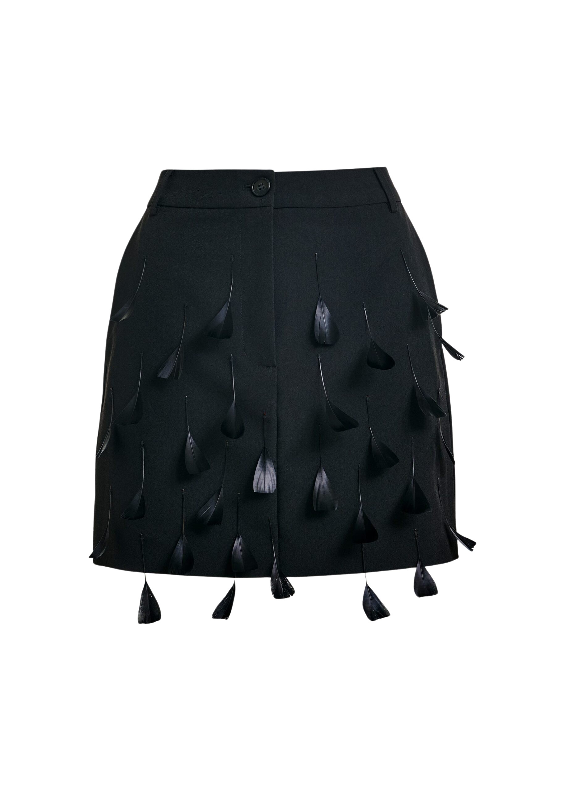 Essentiel Antwerp Black feather-embellished A-line mini skirt - Essentiel Antwerp Skirts - Colorful Belgian Design - Shop at Luxury Shoes 