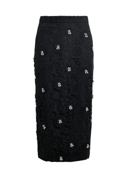 Essentiel Antwerp Black floral lace pencil skirt with rhinestone embellishments - Essentiel Antwerp Skirts - Colorful Belgian Design - Shop at Luxury Shoes 
