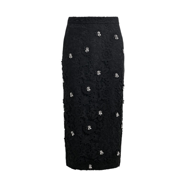 Essentiel Antwerp Black floral lace pencil skirt with rhinestone embellishments - Essentiel Antwerp Skirts - Colorful Belgian Design - Shop at Luxury Shoes 