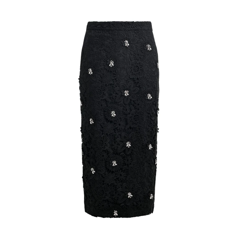 Essentiel Antwerp Black floral lace pencil skirt with rhinestone embellishments - Essentiel Antwerp Skirts - Colorful Belgian Design - Shop at Luxury Shoes 