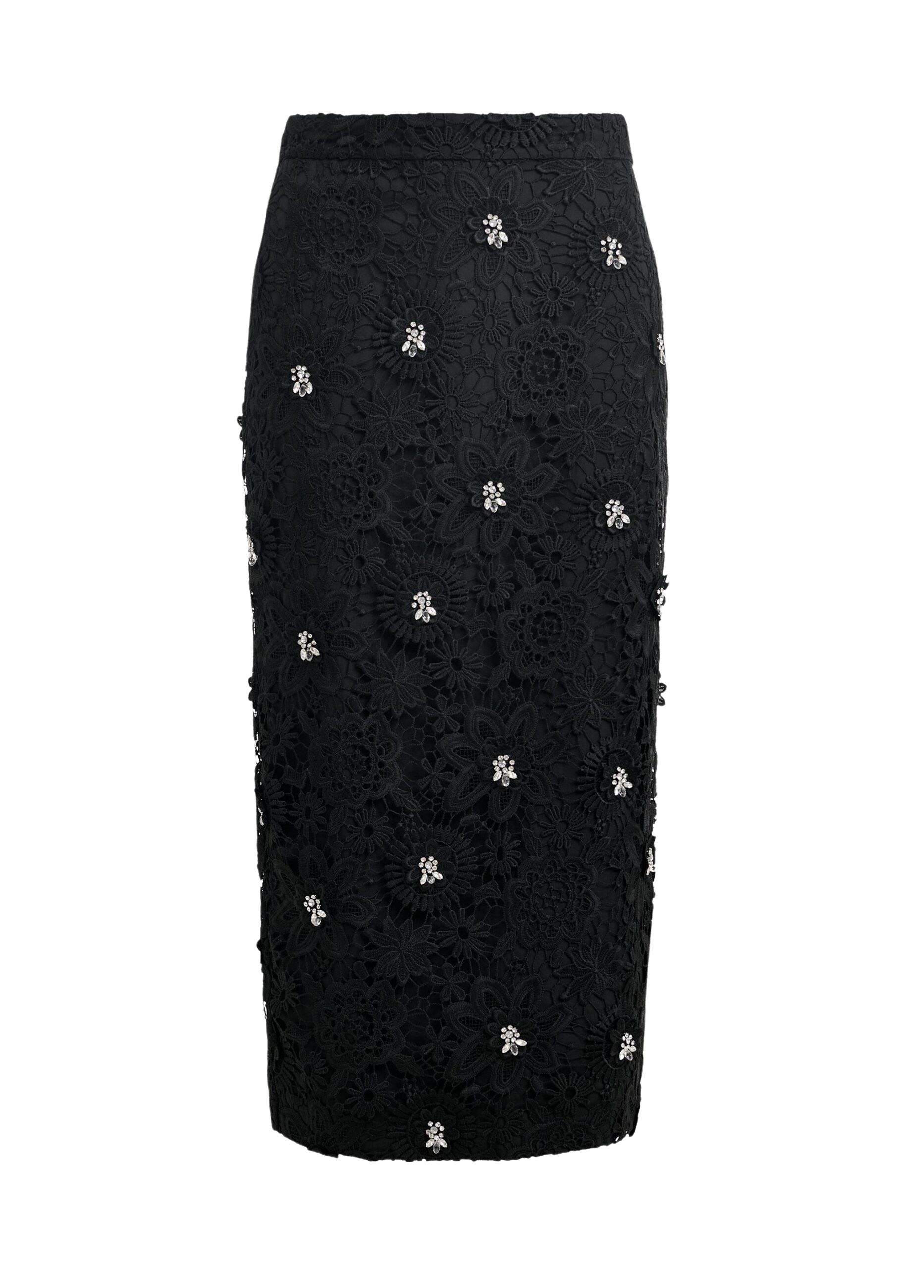 Essentiel Antwerp Black floral lace pencil skirt with rhinestone embellishments - Essentiel Antwerp Skirts - Colorful Belgian Design - Shop at Luxury Shoes 