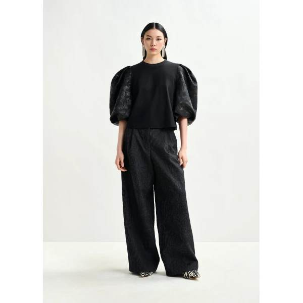 Essentiel Antwerp Black jacquard wide-leg pants - Essentiel Antwerp Pants - Colorful Belgian Design - Shop at Luxury Shoes 