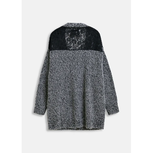 Essentiel Antwerp Black lace-back wool-blend cardigan with fringe details - Essentiel Antwerp Knitwear - Colorful Belgian Design - Shop at Luxury Shoes 