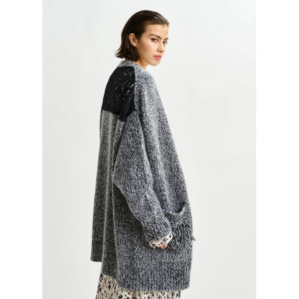 Essentiel Antwerp Black lace-back wool-blend cardigan with fringe details - Essentiel Antwerp Knitwear - Colorful Belgian Design - Shop at Luxury Shoes 