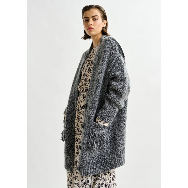 Essentiel Antwerp Black lace-back wool-blend cardigan with fringe details - Essentiel Antwerp Knitwear - Colorful Belgian Design - Shop at Luxury Shoes 