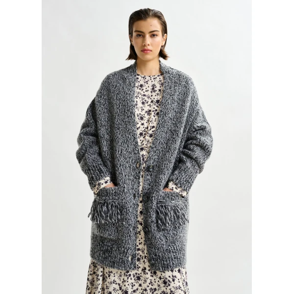 Essentiel Antwerp Black lace-back wool-blend cardigan with fringe details - Essentiel Antwerp Knitwear - Colorful Belgian Design - Shop at Luxury Shoes 