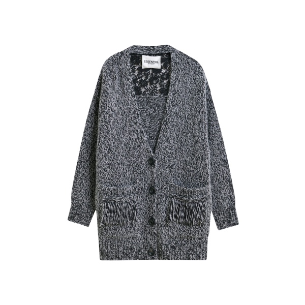 Essentiel Antwerp Black lace-back wool-blend cardigan with fringe details - Essentiel Antwerp Knitwear - Colorful Belgian Design - Shop at Luxury Shoes 