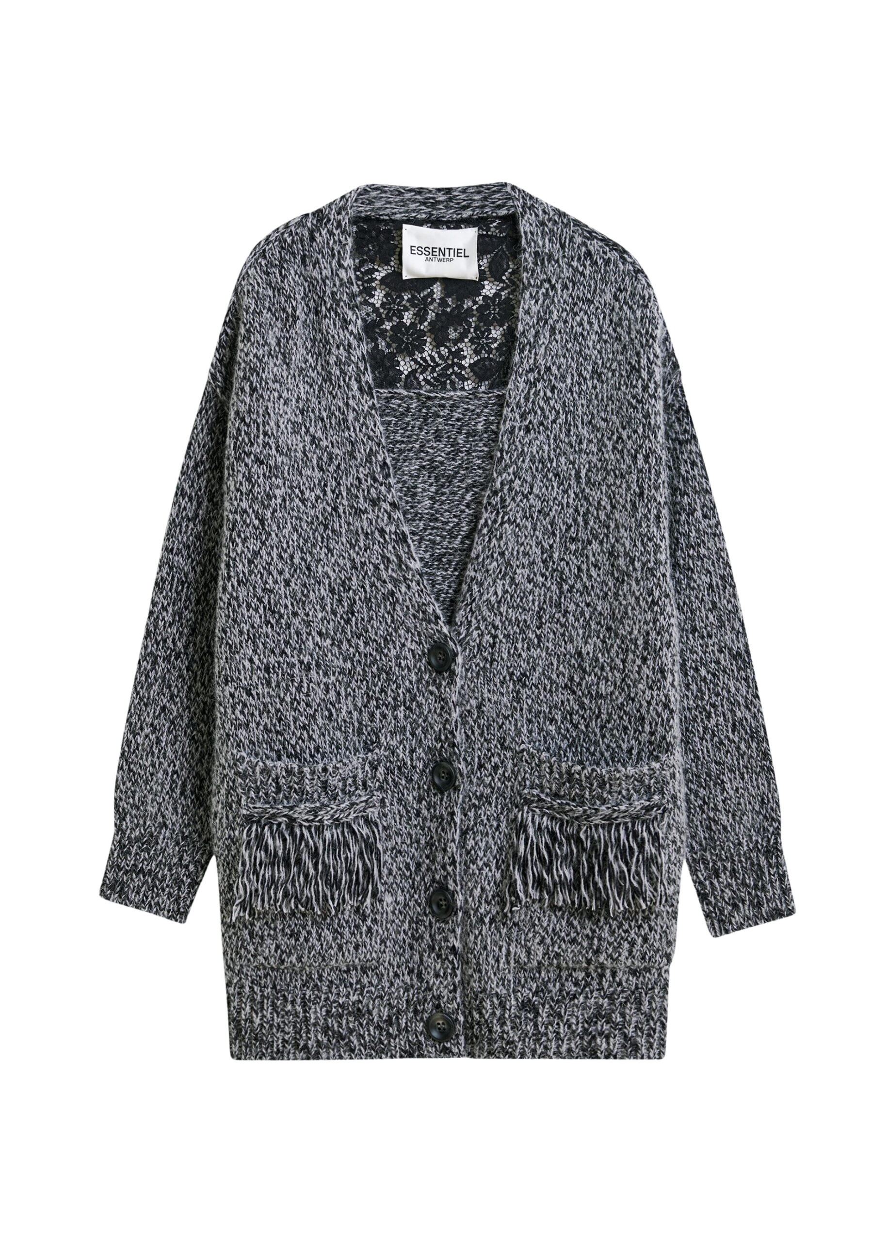 Essentiel Antwerp Black lace-back wool-blend cardigan with fringe details