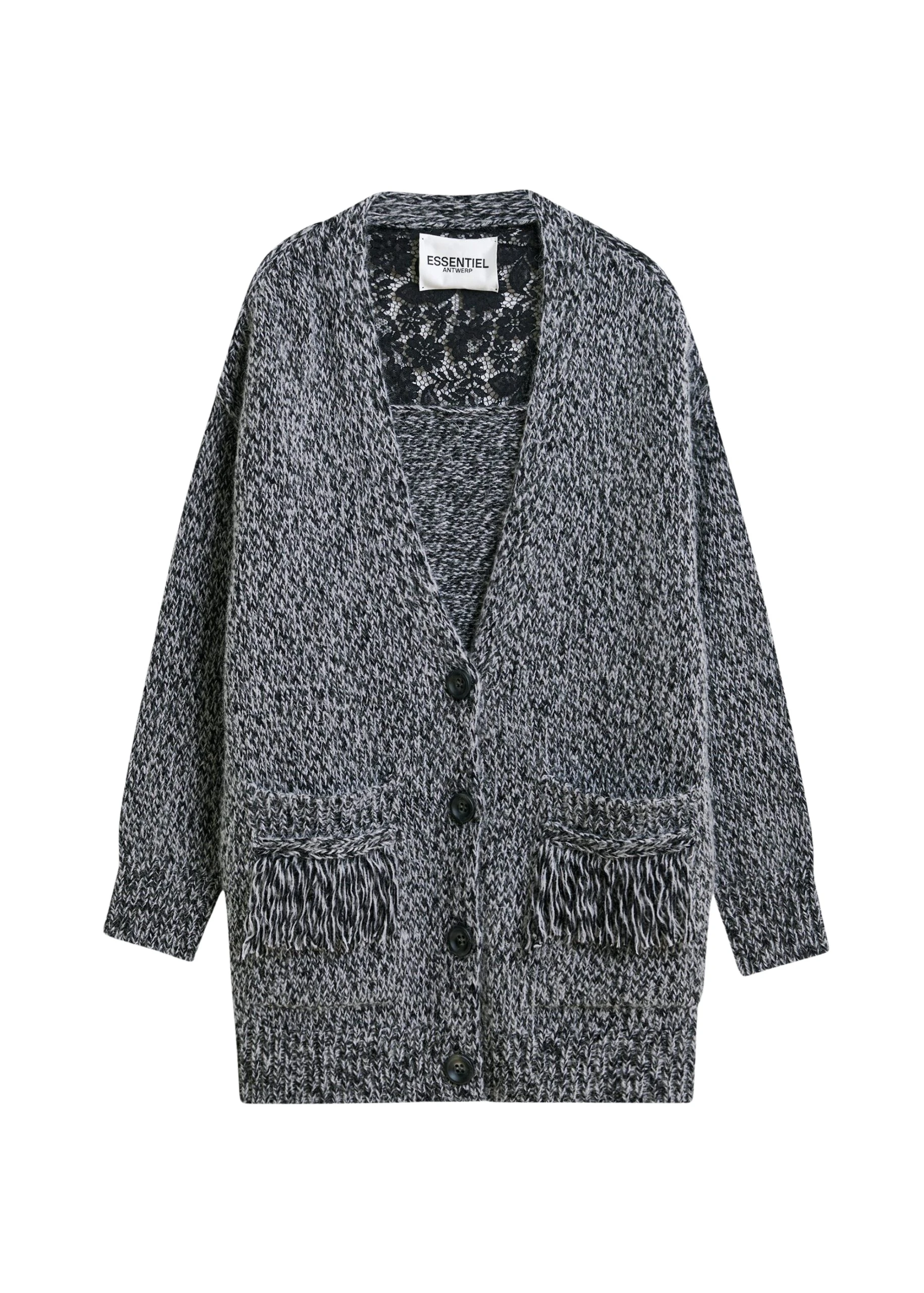 Black-lace-back-wool-blend-cardigan-with-fringe-details-Essentiel-Antwerp-Knitwear-scaled38386_nobg Essentiel Antwerp Black lace-back wool-blend cardigan with fringe details - Essentiel Antwerp Knitwear - Colorful Belgian Design - Shop at Luxury Shoes