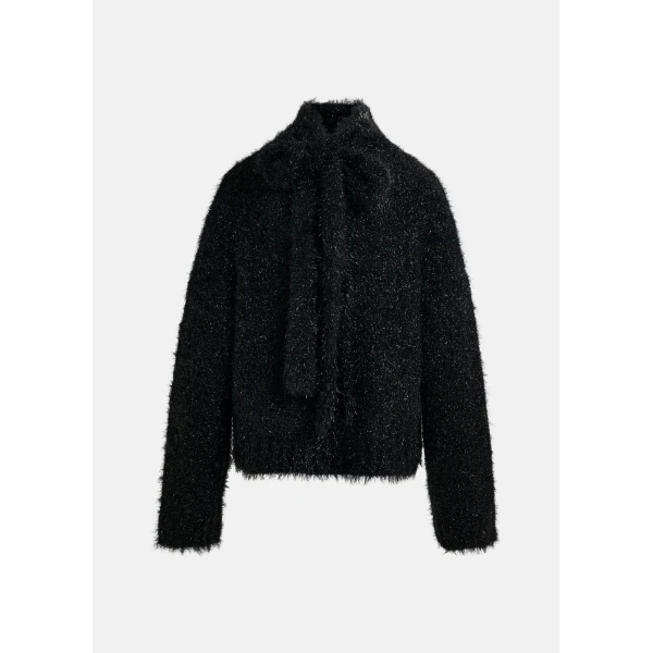 Essentiel Antwerp Black metallic mock-neck sweater with pussy-bow tie - Essentiel Antwerp Knitwear - Colorful Belgian Design - Shop at Luxury Shoes 