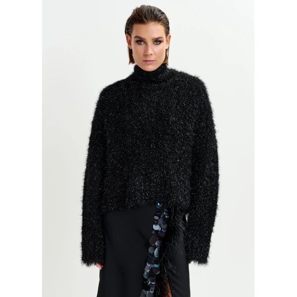 Essentiel Antwerp Black metallic mock-neck sweater with pussy-bow tie - Essentiel Antwerp Knitwear - Colorful Belgian Design - Shop at Luxury Shoes 