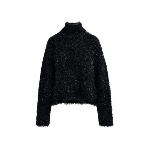 Essentiel Antwerp Black metallic mock-neck sweater with pussy-bow tie - Essentiel Antwerp Knitwear - Colorful Belgian Design - Shop at Luxury Shoes 