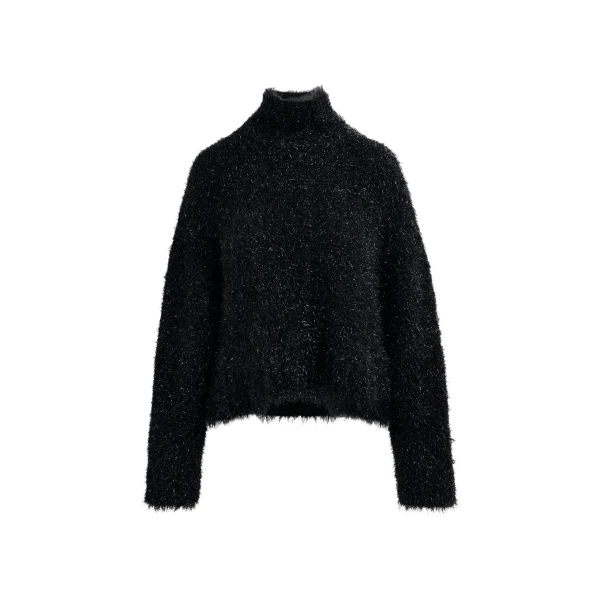 Essentiel Antwerp Black metallic mock-neck sweater with pussy-bow tie - Essentiel Antwerp Knitwear - Colorful Belgian Design - Shop at Luxury Shoes 