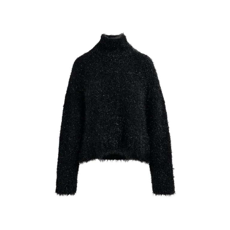 Essentiel Antwerp Black metallic mock-neck sweater with pussy-bow tie - Essentiel Antwerp Knitwear - Colorful Belgian Design - Shop at Luxury Shoes 