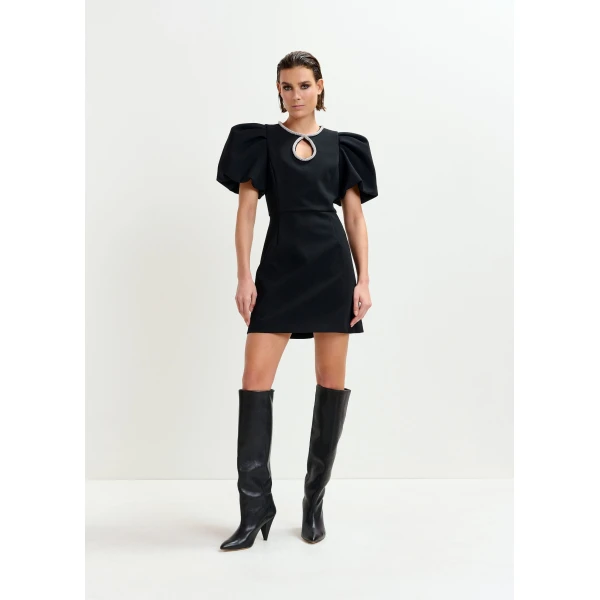 Essentiel Antwerp Black mini dress with puff sleeves and rhinestone-embellished keyhole neckline - Essentiel Antwerp Dresses - Colorful Belgian Design - Shop at Luxury Shoes 