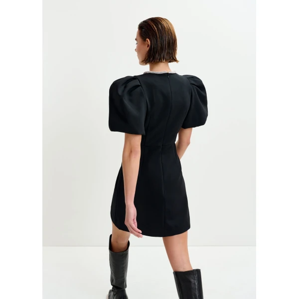 Essentiel Antwerp Black mini dress with puff sleeves and rhinestone-embellished keyhole neckline - Essentiel Antwerp Dresses - Colorful Belgian Design - Shop at Luxury Shoes 