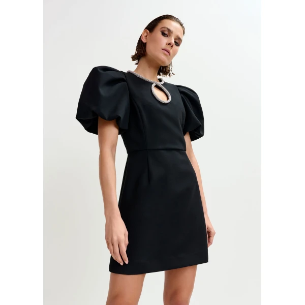 Essentiel Antwerp Black mini dress with puff sleeves and rhinestone-embellished keyhole neckline - Essentiel Antwerp Dresses - Colorful Belgian Design - Shop at Luxury Shoes 