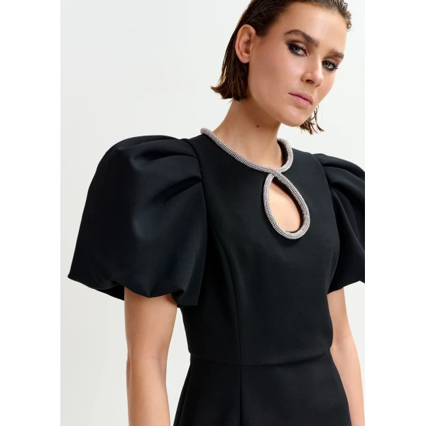 Essentiel Antwerp Black mini dress with puff sleeves and rhinestone-embellished keyhole neckline - Essentiel Antwerp Dresses - Colorful Belgian Design - Shop at Luxury Shoes 