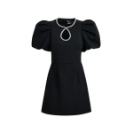 Essentiel Antwerp Black mini dress with puff sleeves and rhinestone-embellished keyhole neckline - Essentiel Antwerp Dresses - Colorful Belgian Design - Shop at Luxury Shoes 