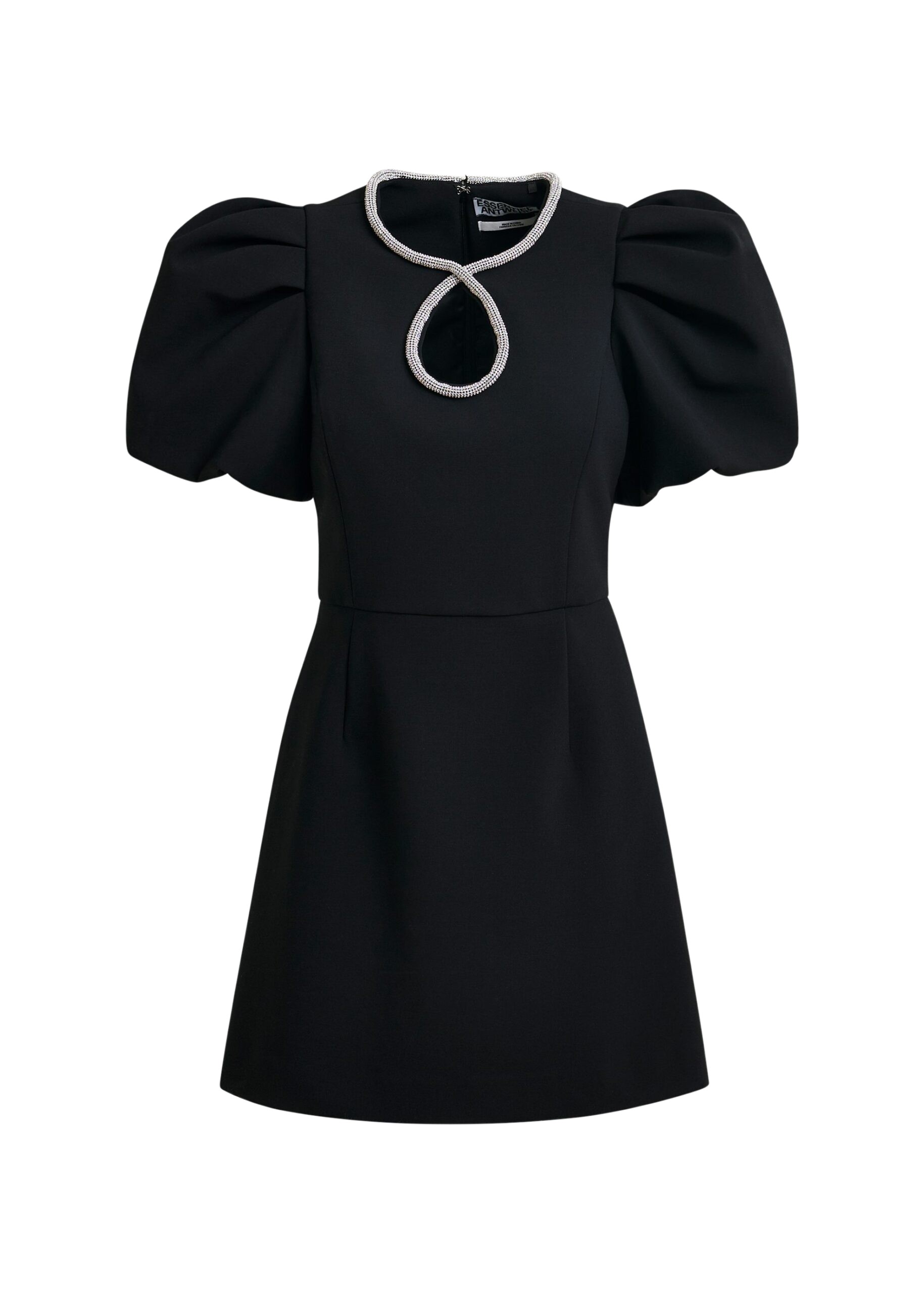 Essentiel Antwerp Black mini dress with puff sleeves and rhinestone-embellished keyhole neckline