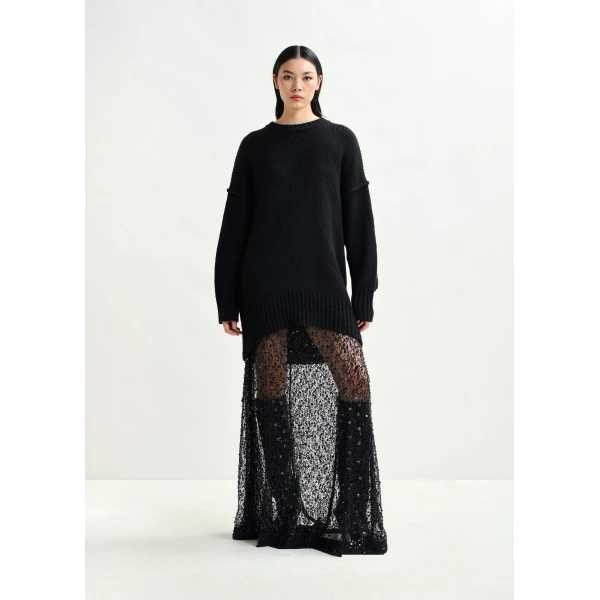 Essentiel Antwerp Black panelled maxi skirt with sequin and bead embellishments - Essentiel Antwerp Skirts - Colorful Belgian Design - Shop at Luxury Shoes 