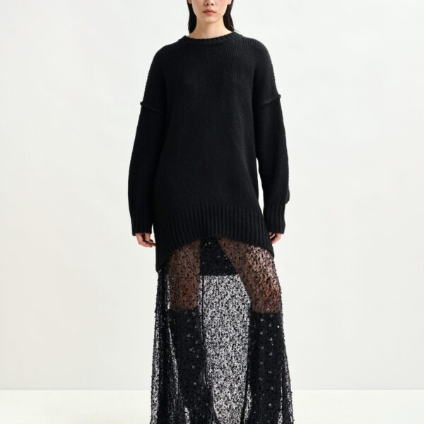 Essentiel Antwerp Black panelled maxi skirt with sequin and bead embellishments, view 2