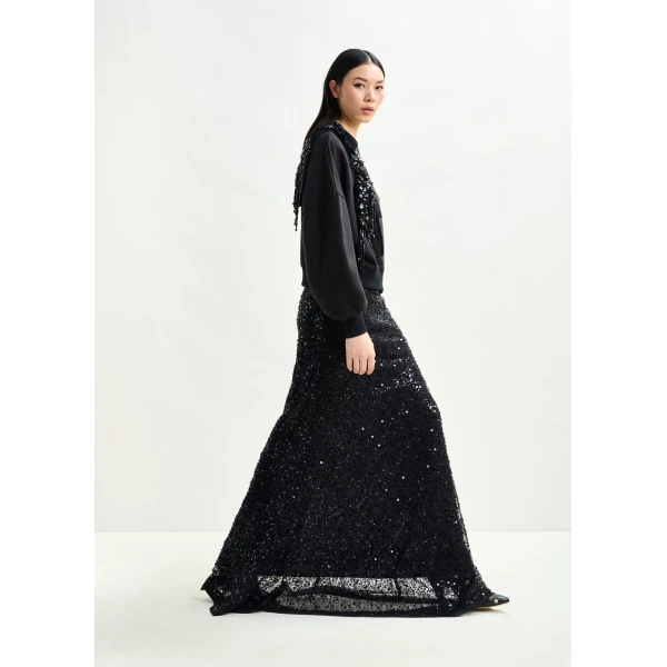 Essentiel Antwerp Black panelled maxi skirt with sequin and bead embellishments - Essentiel Antwerp Skirts - Colorful Belgian Design - Shop at Luxury Shoes 