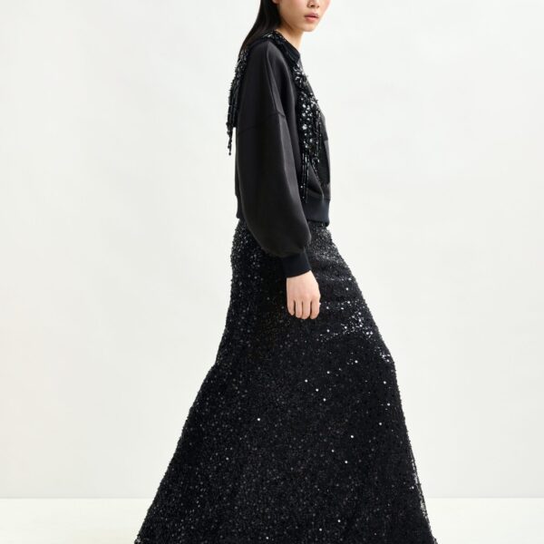 Essentiel Antwerp Black panelled maxi skirt with sequin and bead embellishments, view 3