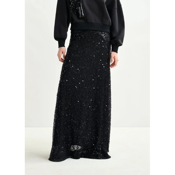 Essentiel Antwerp Black panelled maxi skirt with sequin and bead embellishments - Essentiel Antwerp Skirts - Colorful Belgian Design - Shop at Luxury Shoes 