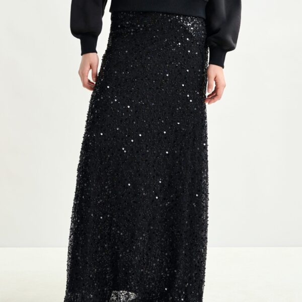 Essentiel Antwerp Black panelled maxi skirt with sequin and bead embellishments, view 4