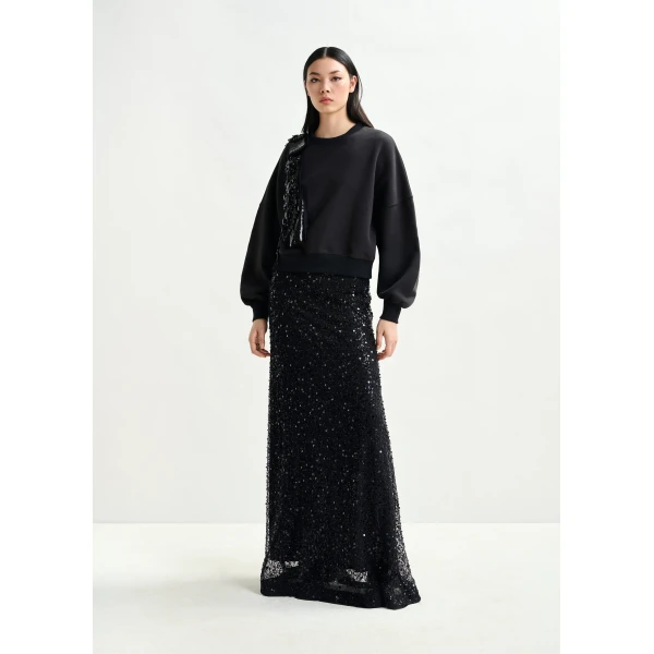 Essentiel Antwerp Black panelled maxi skirt with sequin and bead embellishments - Essentiel Antwerp Skirts - Colorful Belgian Design - Shop at Luxury Shoes 