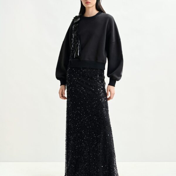 Essentiel Antwerp Black panelled maxi skirt with sequin and bead embellishments, view 5