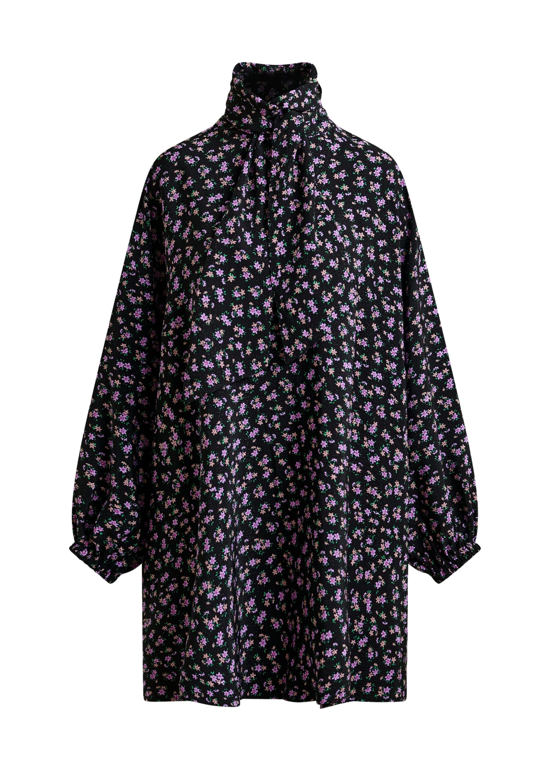 Essentiel Antwerp Black, purple and green flowerprint mini dress with pussy bow tie