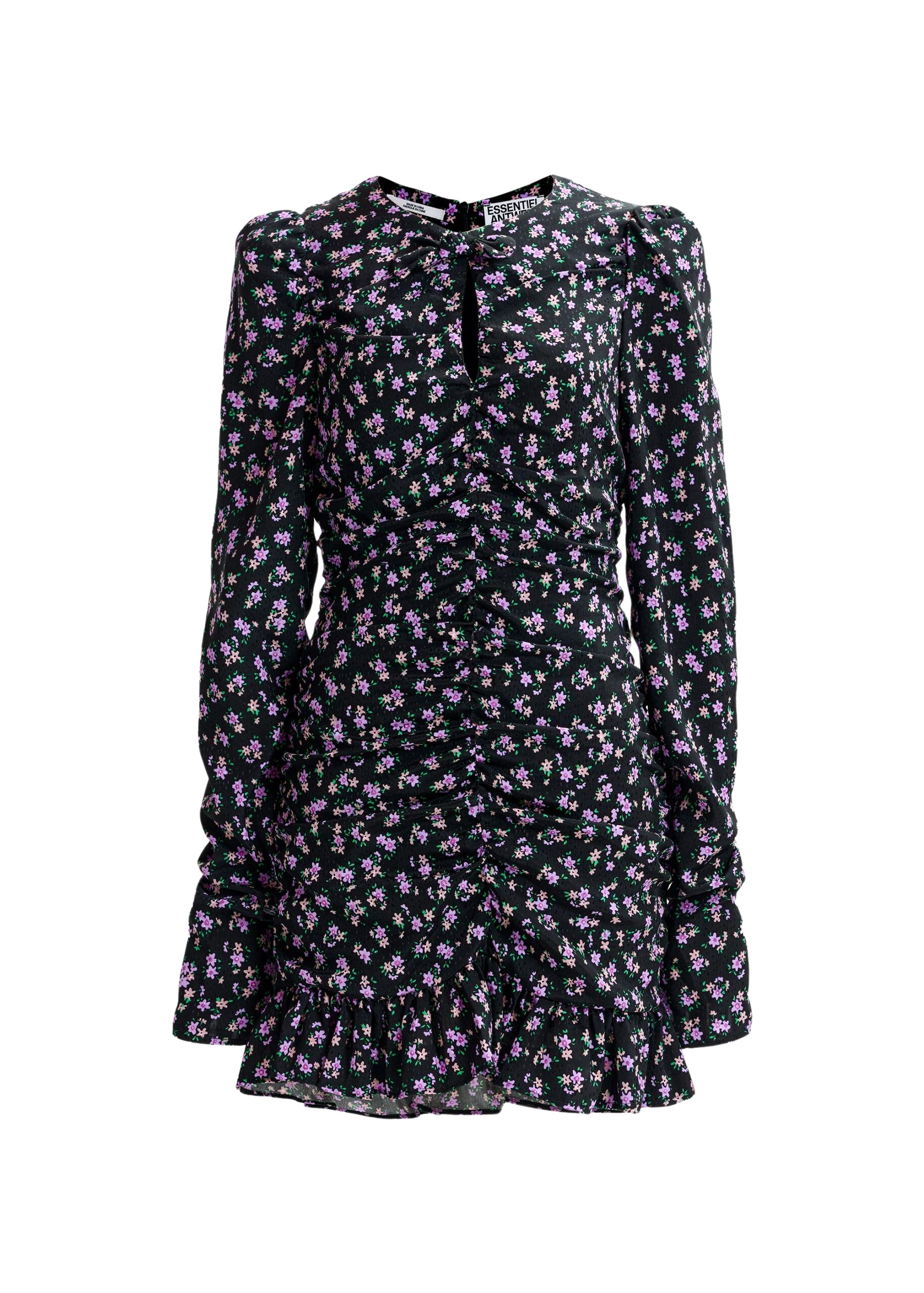 Essentiel Antwerp Black, purple and green ruched printed mini dress