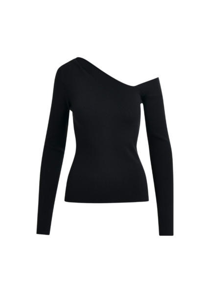Essentiel Antwerp Black rib-knitted sweater with asymmetric neckline - Essentiel Antwerp Knitwear - Colorful Belgian Design - Shop at Luxury Shoes 