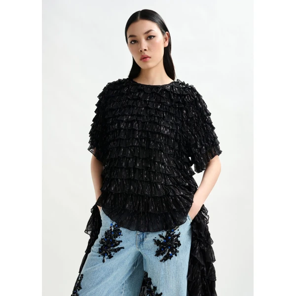 Essentiel Antwerp Black ruffled maxi dress with asymmetric hemline - Essentiel Antwerp Dresses - Colorful Belgian Design - Shop at Luxury Shoes 
