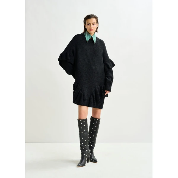 Essentiel Antwerp Black ruffled wool-blend knit mini dress - Essentiel Antwerp Dresses - Colorful Belgian Design - Shop at Luxury Shoes 