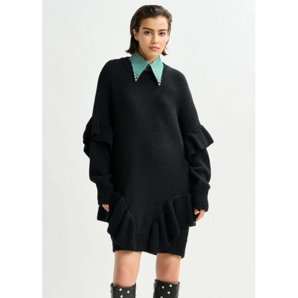 Essentiel Antwerp Black ruffled wool-blend knit mini dress - Essentiel Antwerp Dresses - Colorful Belgian Design - Shop at Luxury Shoes 
