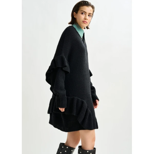 Essentiel Antwerp Black ruffled wool-blend knit mini dress - Essentiel Antwerp Dresses - Colorful Belgian Design - Shop at Luxury Shoes 